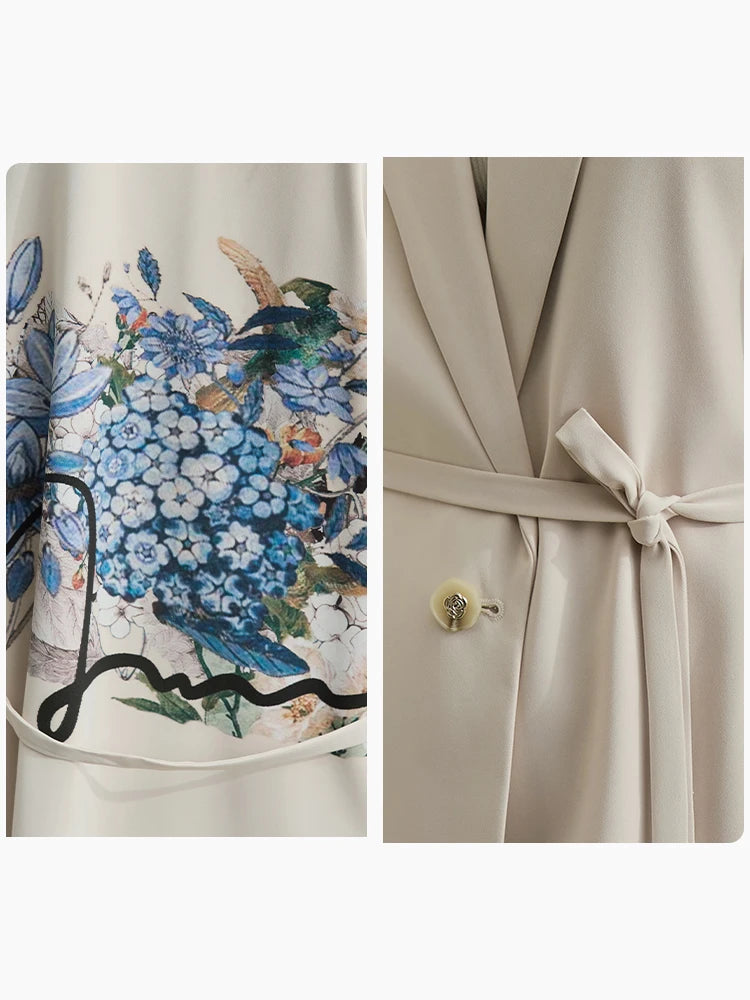 Minimalist Women's Loose Trench Coat 2024 Autumn Lapel Collar Drop Cuff Hydrangea Print with Belt High Slit Coat 12453028