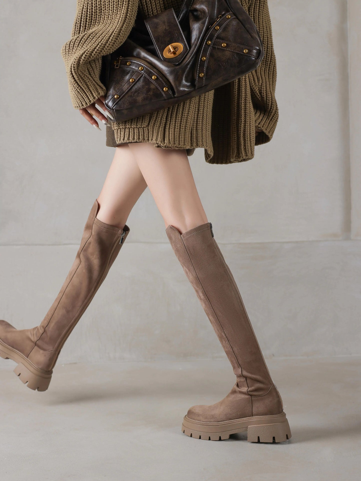 Flock Round Toe Stretch Over-the-Knee Boots with Medium Heels – Elegant, Modern, and Warm Slip-On Style for Leisure and Everyday Chic