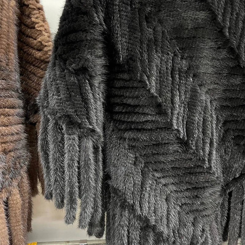 Women’s Real Mink Fur Knitted Cape – Luxury Striped Pullover Fur Coat with Tassel Trim, Warm & Elegant Overcoat