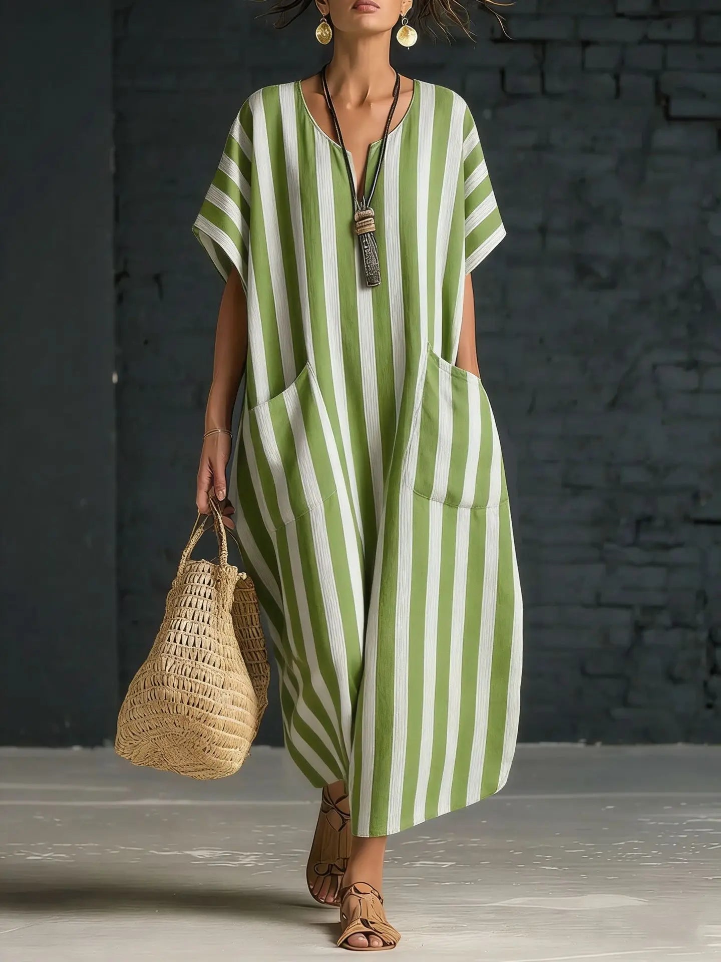 Striped V-Neck Loose Casual Summer Dress