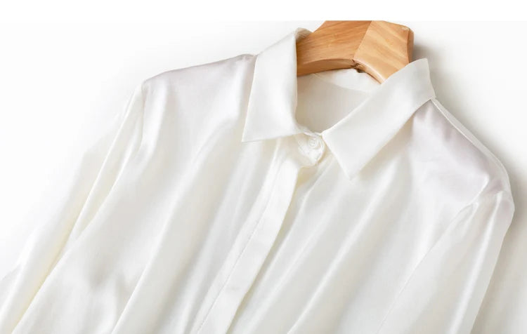 Women's 93% Mulberry Silk 7% Spandex 19 momme satin Silk Buttons down long sleeve shirt Top Blouse office work M L XL MM161
