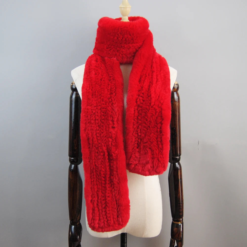 Long Style Genuine Rex Rabbit Fur Scarf– Women's Winter Knitted Ring Scarf & Luxury Muffler