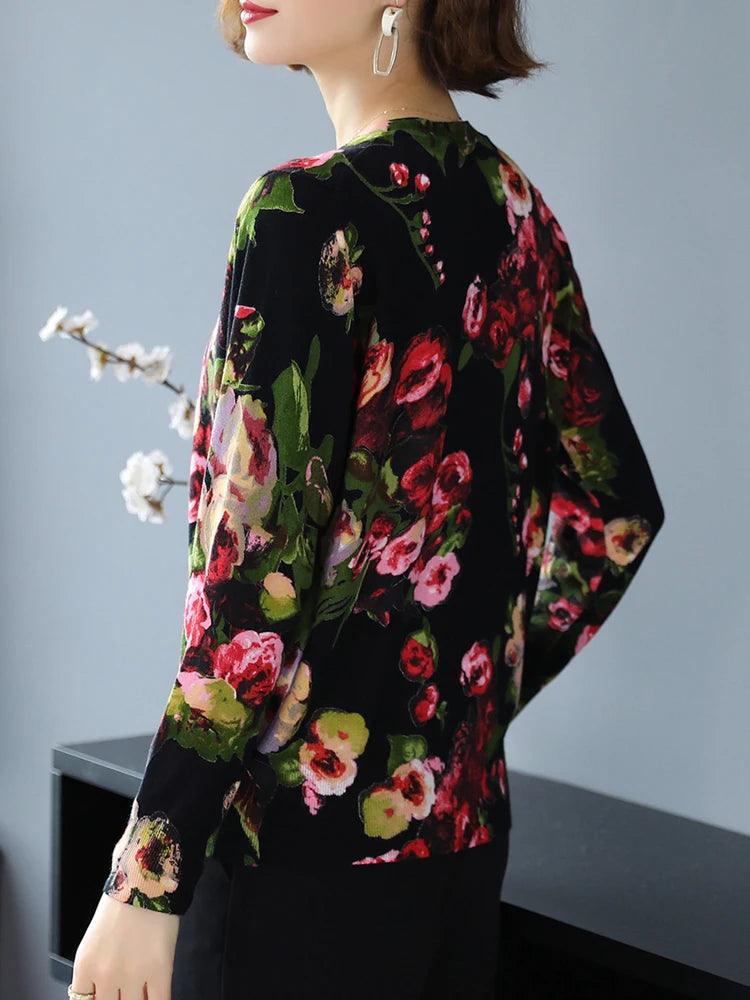 Women's Floral Print Cardigan - Casual Long Sleeve Knitwear