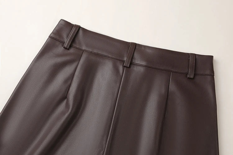Fall Winter Fleece Loose Wide Leg Warm Leather Pants Women Button Pocket High Waist Thick PU Casual Straight Pants