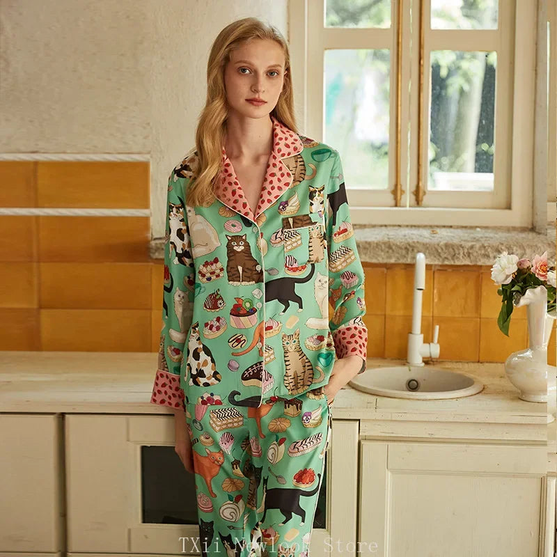 Elegant Pajama Set for Women – Long Sleeve Lapel Home Suit for Spring & Summer