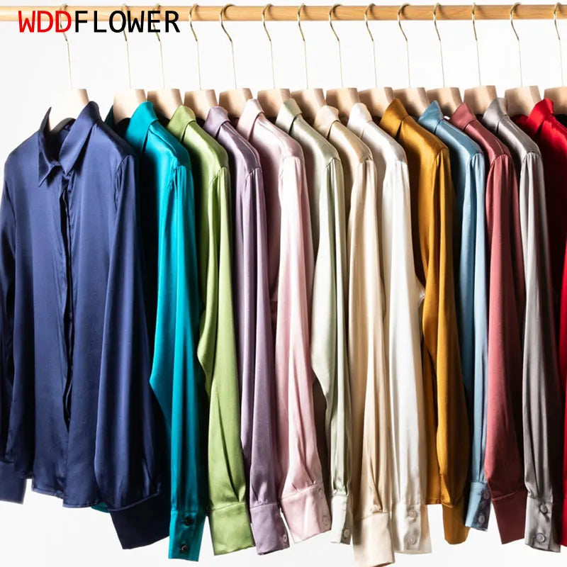Women's 93% Mulberry Silk 7% Spandex 19 momme satin Silk Buttons down long sleeve shirt Top Blouse office work M L XL MM161 - HER SHOP