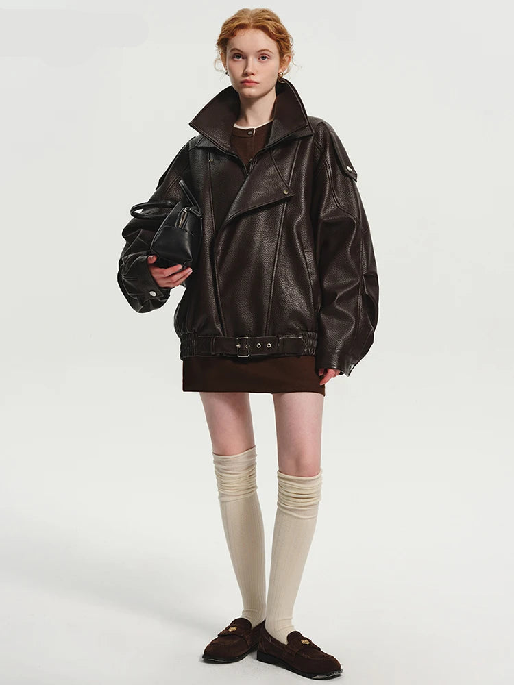 Women’s Oversized Brown PU Leather Jacket – Retro American Style, Long Sleeve Zip-Up, Luxury Designer-Inspired Outerwear for Spring & Autumn
