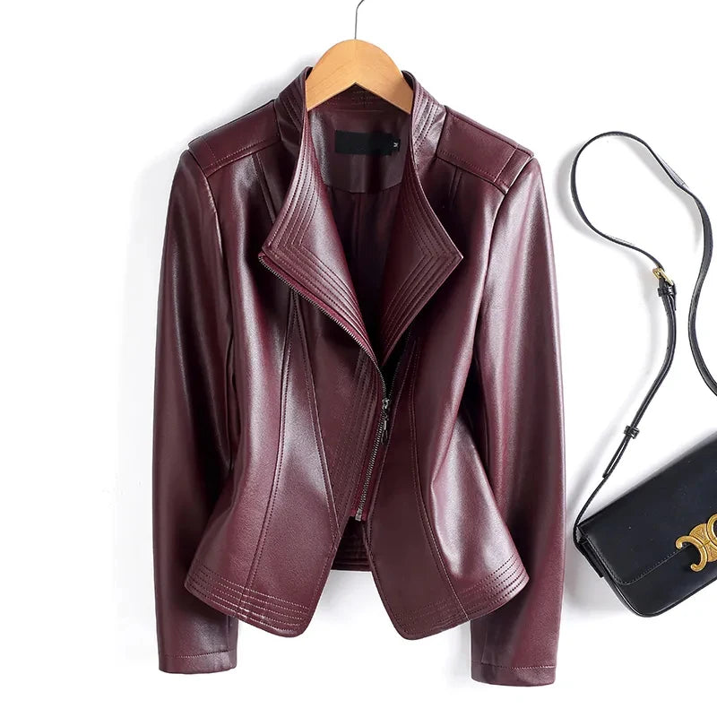 Women’s Sheepskin Leather Jacket – Short Slim Fit Split Design Coat in Black or Wine Red (M–5XL) - HER SHOP