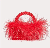 Pearl Bead Bag with Feather Fur – Handmade Designer Acrylic Crystal Stone Evening Tote for Women