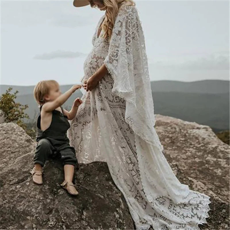 Maternity Lace V-Neck Long Dress â€“ Bohemian Batwing Sleeve Pregnancy Photoshoot Gown