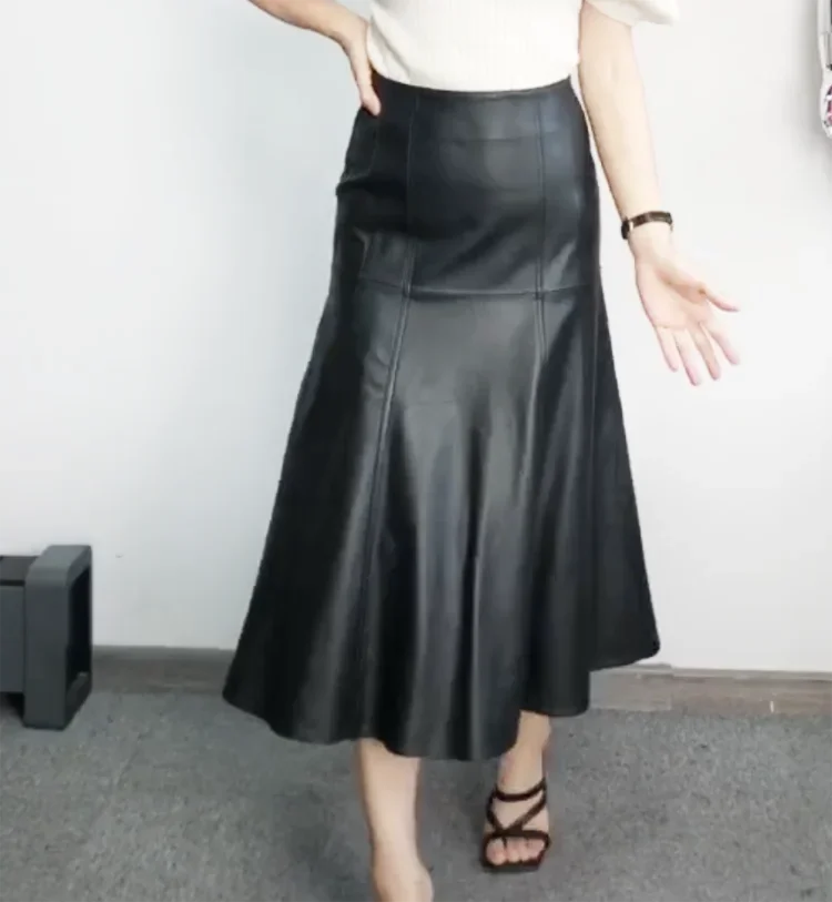 Leather Long 80cm Skirt Women New Fashion Attractive Seam Design Pleated Maxi Skirt Ladies Faldas Largas Streetwear Customizable