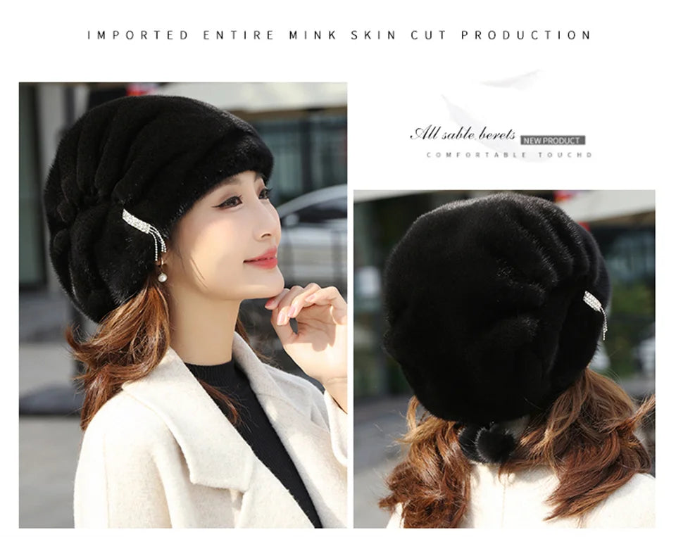 Whole Real Mink Fur Hat For Women's Caps Luxury Fashion Brand Real Fur Cap Christmas Hat Warm In Russian Winter Lady Fur Hat