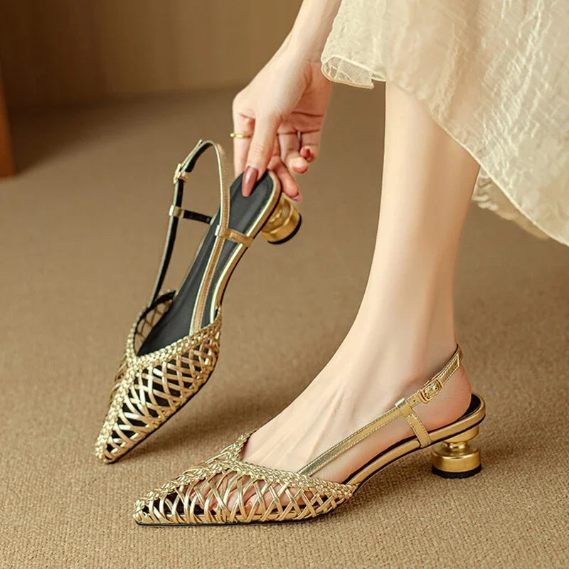 NEW Summer Women Sandals Split Leather Shoes for Women Pointed Toe Strange Heel Shoes Cover Toe Slingback Sandals Weave Sandals - HER SHOP