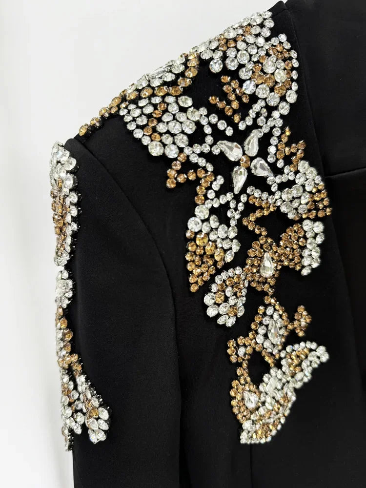 HIGH QUALITY Newest Designer Suit Women Beaded Diamonds Stand Collar Single Button Blazer Wide-leg Pants Set 2PCS