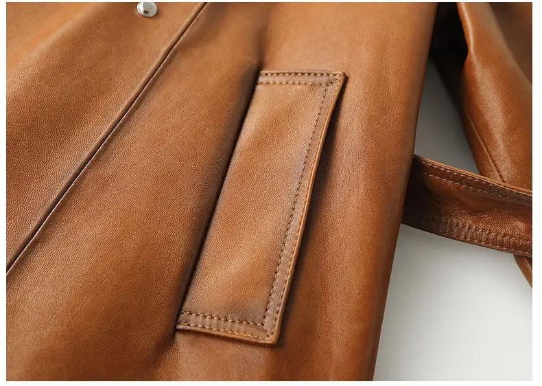 Vintage Brown Real Sheepskin Leather Jacket for Women – Lapel Collar Belted Design, First-Layer Leather, Casual Fashion Outerwear