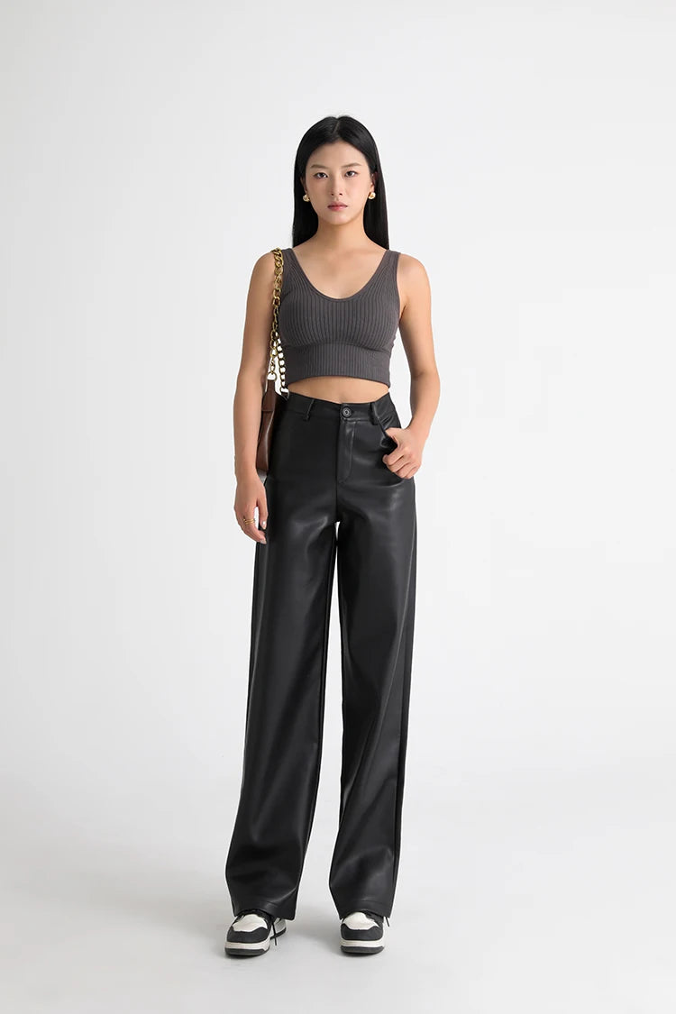 Fall Winter Fleece Loose Wide Leg Warm Leather Pants Women Button Pocket High Waist Thick PU Casual Straight Pants
