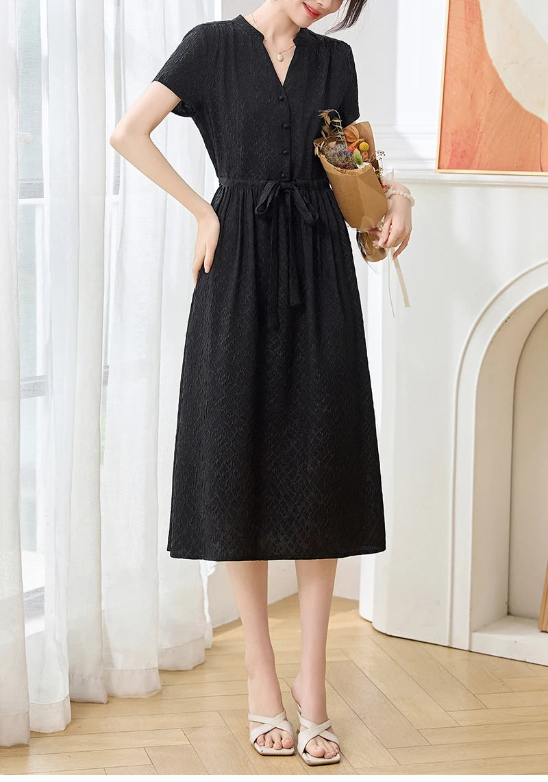 19 Momme Real Silk Elegant Fashion Dresses For Women 2026 Summer V-neck Short Sleeve Drawstring Office Lady Long Dress A-line