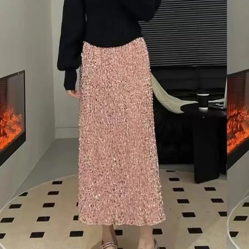 Sequin Elastic Waist A-Line Midi Skirt for Women – Casual Solid Color Summer Skirt