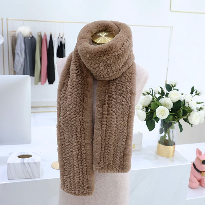 Women's Real Rex Rabbit Fur Knitted Winter Scarf– Luxury Wrap & Neck Warmer 170cm