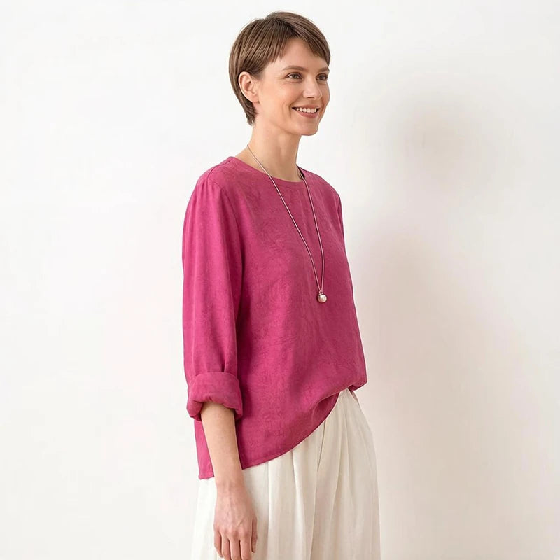 70% Mulberry Silk Cotton Jacquard Blouse – Women’s Hot Pink Long Sleeve Pullover Top