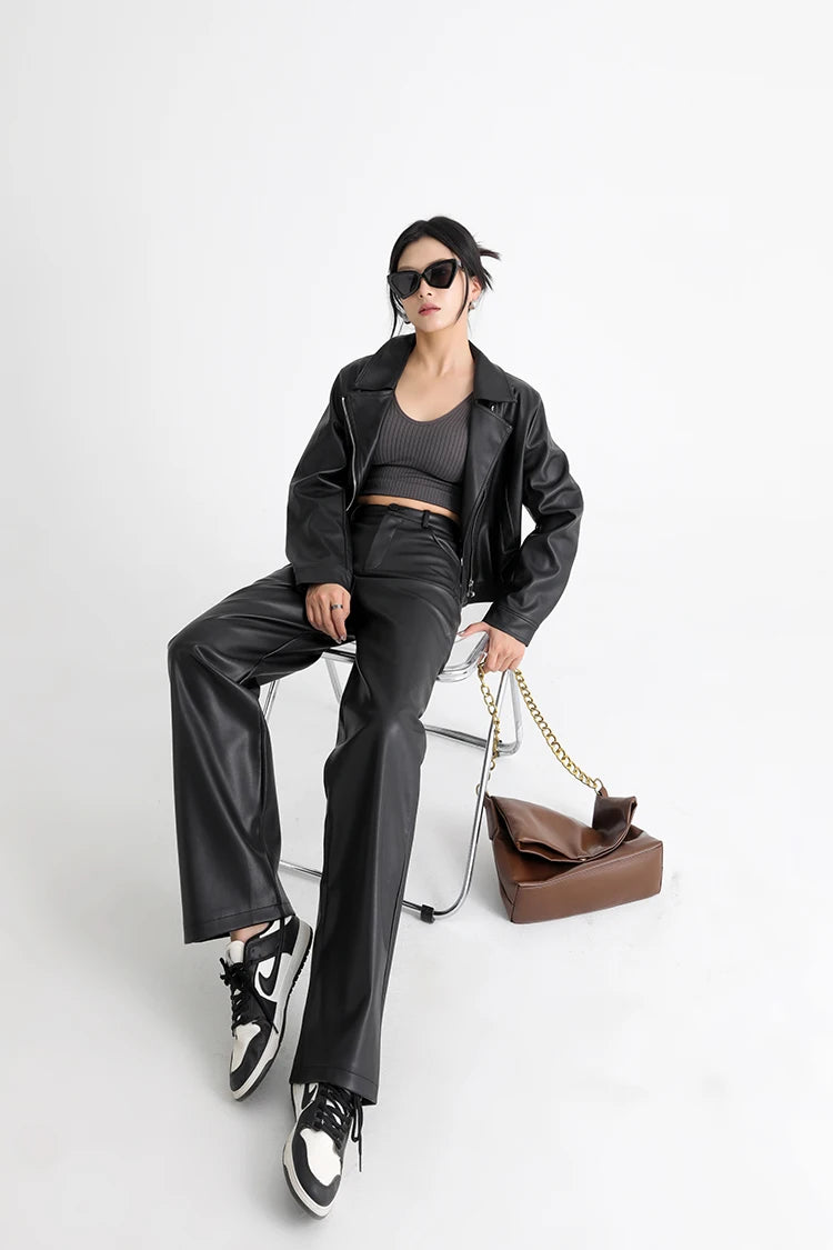 Fall Winter Fleece Loose Wide Leg Warm Leather Pants Women Button Pocket High Waist Thick PU Casual Straight Pants