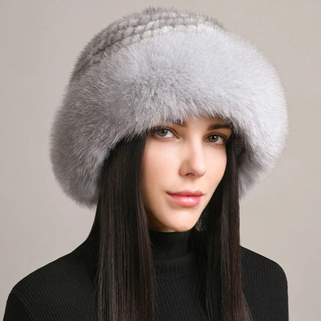 Luxury Knitted Mink Fur Hat with Real Fox Fur – Handmade Winter Fashion for Women