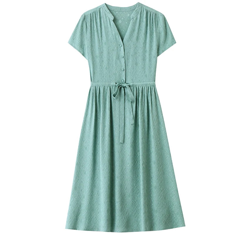 19 Momme Real Silk Elegant Fashion Dresses For Women 2026 Summer V-neck Short Sleeve Drawstring Office Lady Long Dress A-line