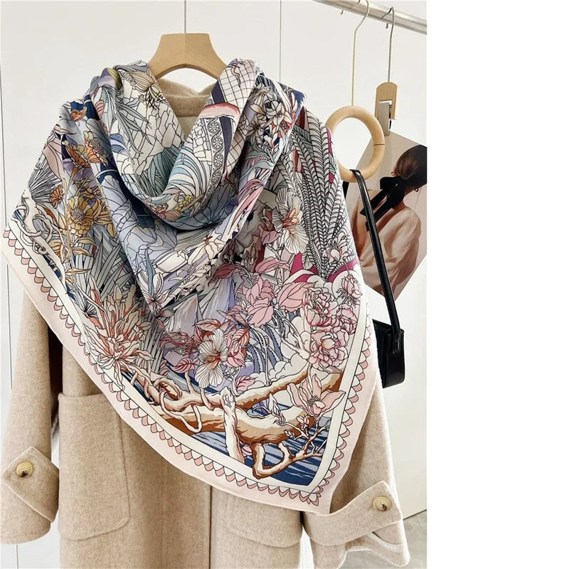 Women’s Large Square Wool & Silk Blanket Scarf – Double-Sided Printed Shawl Cape, 130×130cm