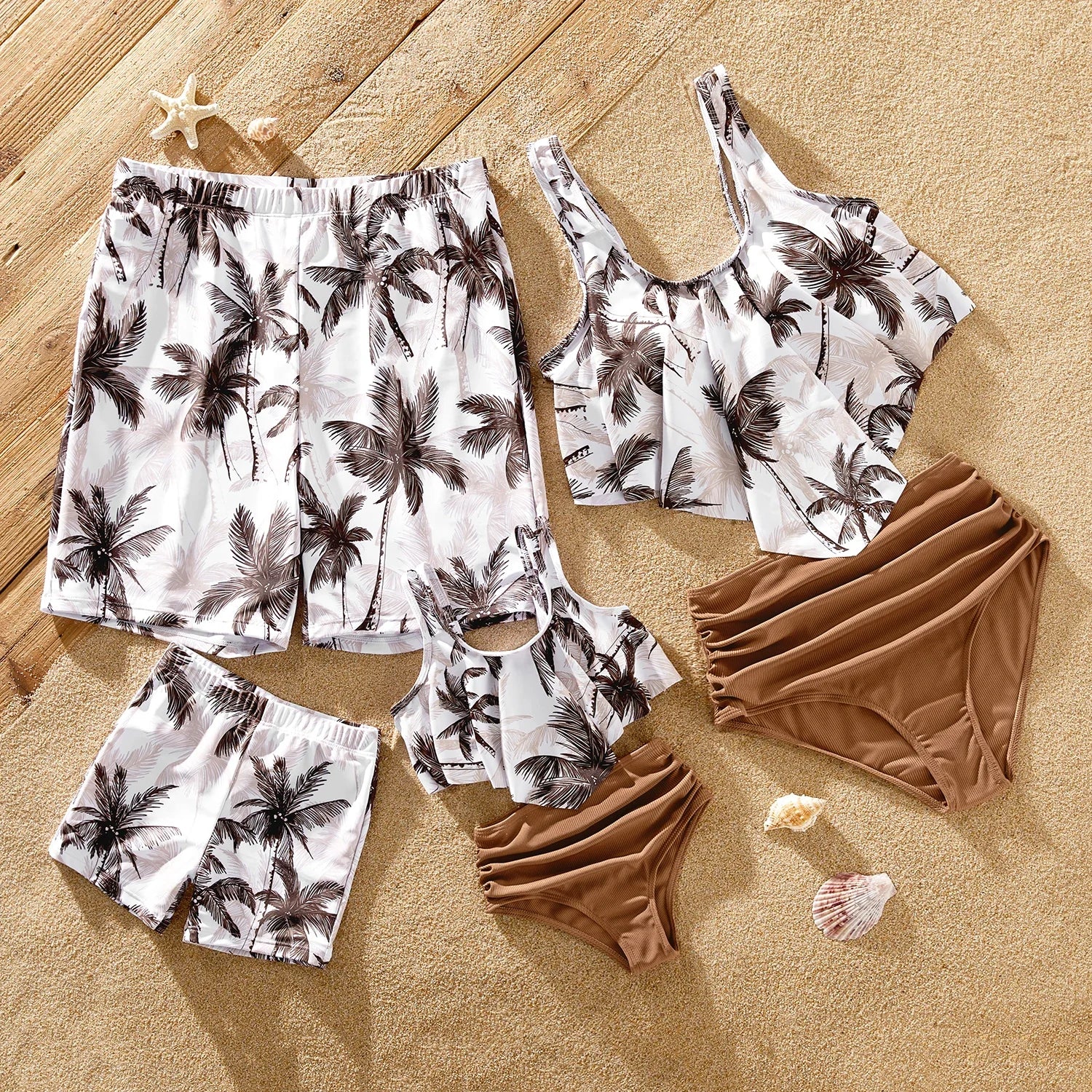 Family Matching Coconut Tree Print Swimwear – Ruched One-Piece Swimsuit & Swim Trunks Beach Set - HER SHOP