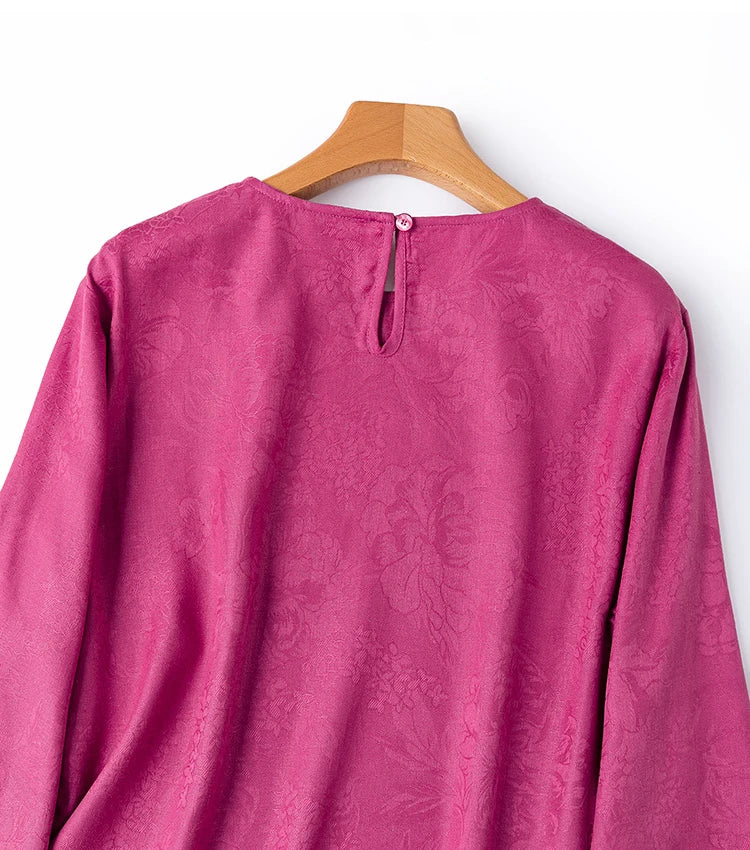 70% Mulberry Silk Cotton Jacquard Blouse – Women’s Hot Pink Long Sleeve Pullover Top