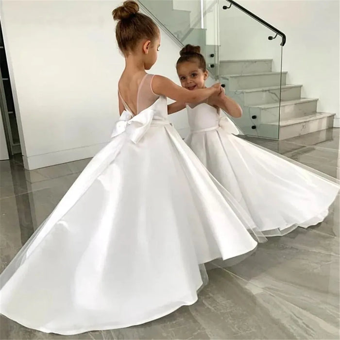 Simple White Flower Girl Dress – Satin A-Line Tulle Gown with Bow