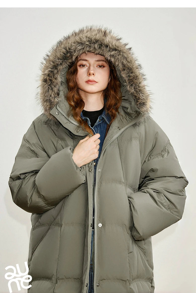 Women 90% White Duck Down Thick Down Jacket 2025 Winter New Fur Collar Hooded Extra Long Warm Jacket Coat