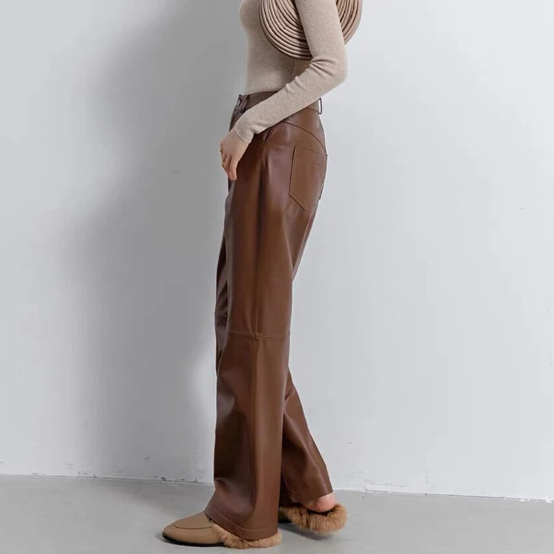 Leather Long Pants Women New Commuter Waist Slim Sheepskin Wide Leg Full Length Straight Cylinder Trousers