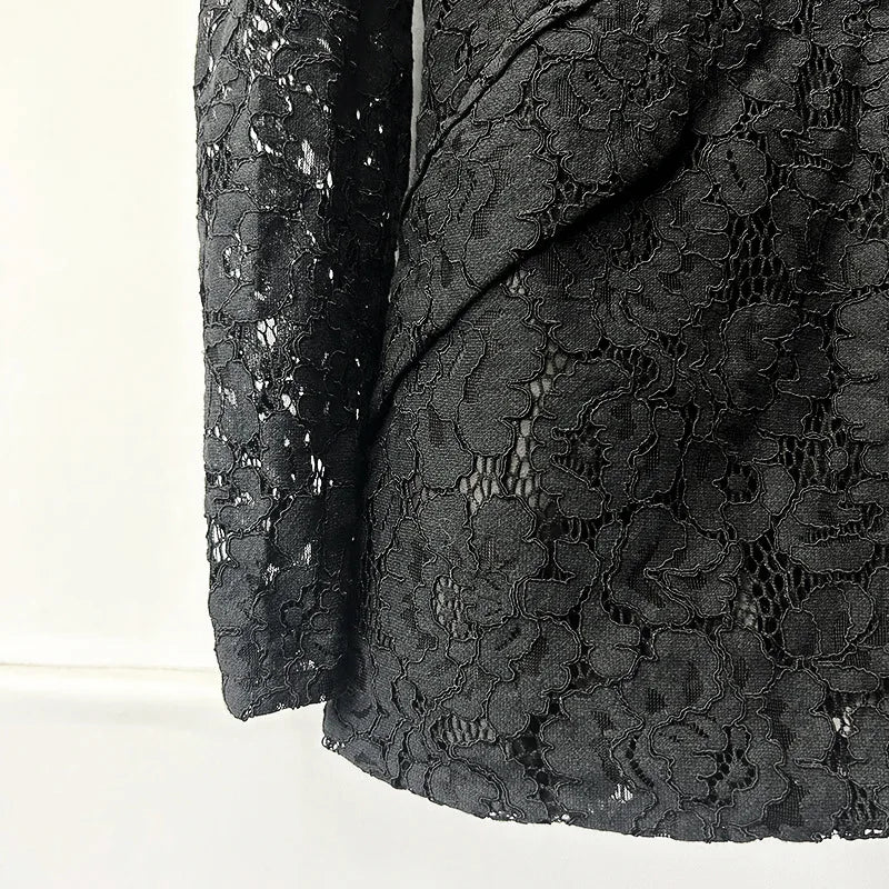 High Quality Lady Office Causal Suit Notched Long Sleeve Single Button Blazer Pencil Pants Women Solid Lace 2pcs