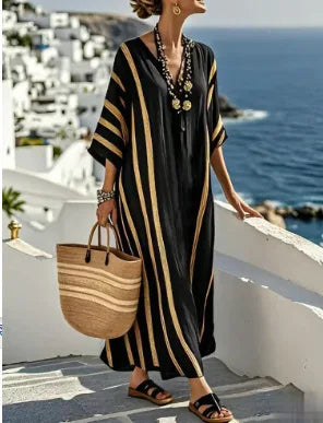 2026 Spring/Autumn Ethnic Print Maxi Dress V-Neck, Striped Contrast, Trumpet Sleeves, Loose Fit Vacation Long Dress for Women