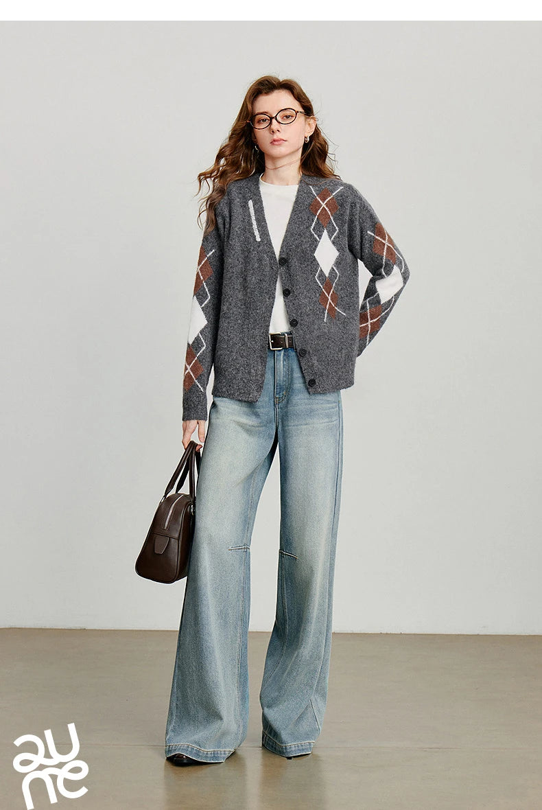 Women Knitted Sweater 2025 Autumn New Grid Pattern V Neck Single Breasted Button Knitted Cardigan Coat Gray