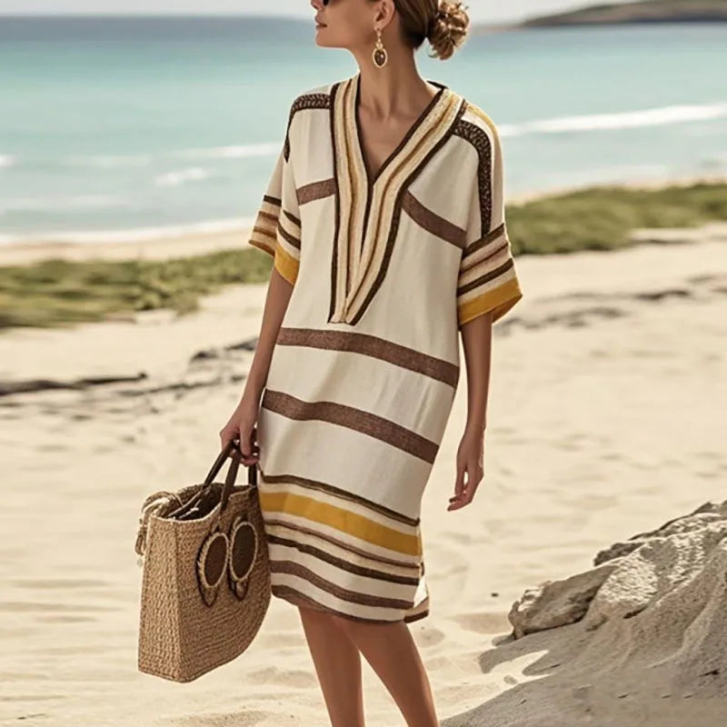 2026 Vintage Striped Midi Dress – Casual V-Neck Short Sleeve Summer & Spring Vacation Dress for Women - HER SHOP