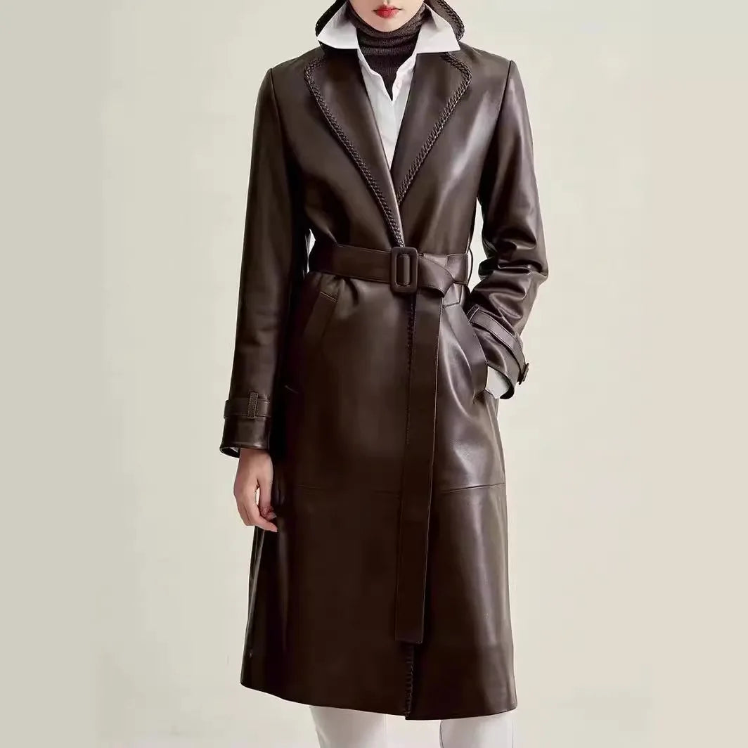 Women's Genuine Leather Trench Coat Lace-Up Long Slim Fit Spring Autumn Sheepskin Top