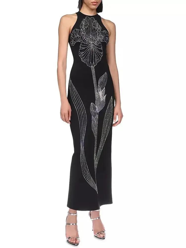 Black Sleeveless Maxi Bandage Dress with Diamond Flower Detail - Elega HER SHOP Black Sleeveless Maxi Bandage Dress with Diamond Flower Detail - Elega HER SHOP
