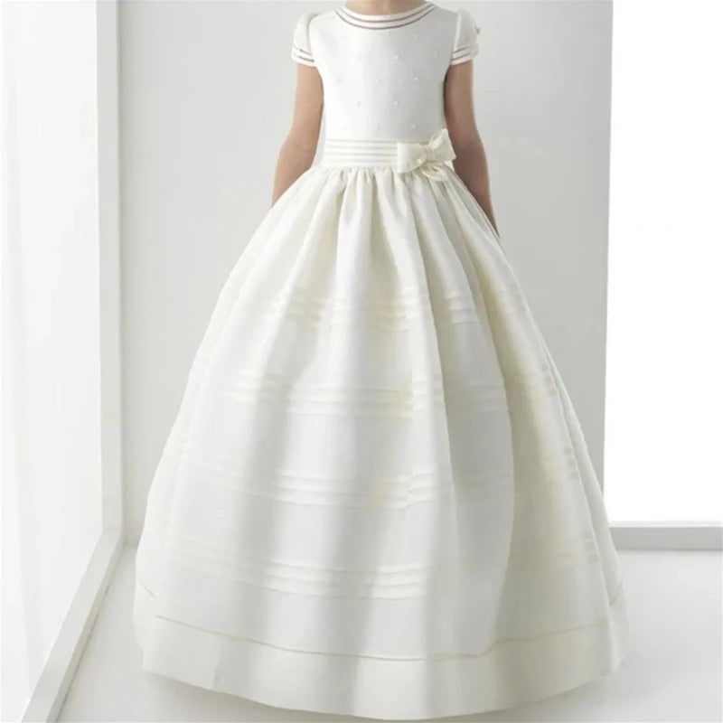 Customized Flower Girls Dresses Vintage Ivory Satin Pearls Top With Bow For Wedding Birthday Party Princess Baptism Gowns