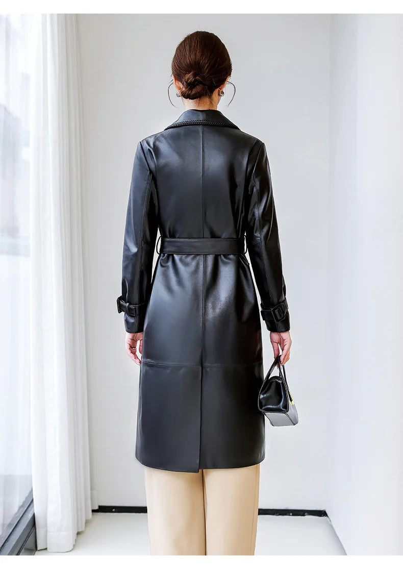 Women's Genuine Leather Trench Coat Lace-Up Long Slim Fit Spring Autumn Sheepskin Top