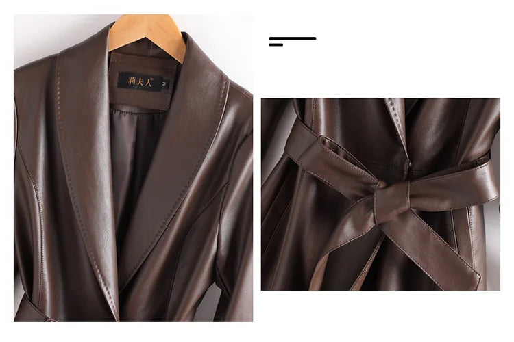 New Elegant Women’s Split Leather Trench Coat | Slim Waist Belted Long Coat with Suit Collar | Spring & Autumn Fashion Casual Outerwear