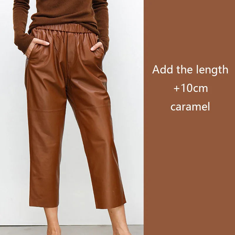 Women’s Genuine Sheepskin Leather Pants – High Waist Straight Fit Ankle-Length Trousers