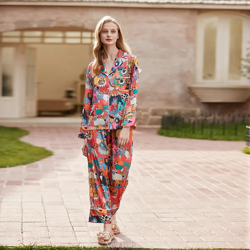 Elegant Pajama Set for Women – Long Sleeve Lapel Home Suit for Spring & Summer