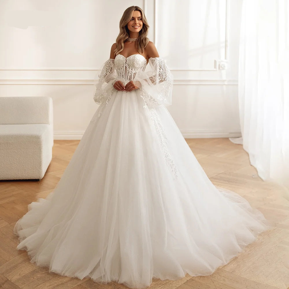 Custom Glitter Tulle Boho Wedding Dress with Puff Sleeves and 3D Lace Flowers – Off-Shoulder Bridal Gown - HER SHOP