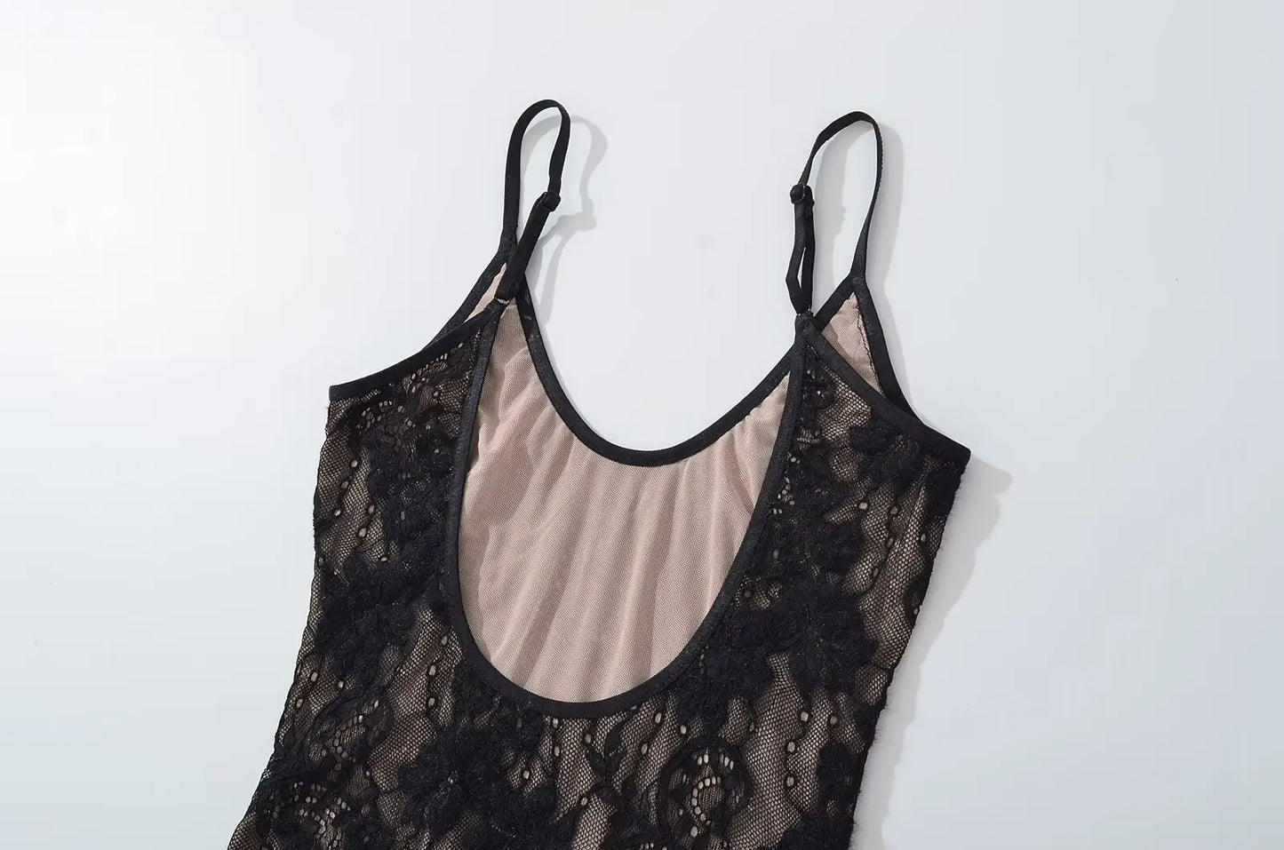 Sexy Sheer Lace Backless Spaghetti Strap Bodysuit with Lining – Slim Fit Tight Short Romper for Women