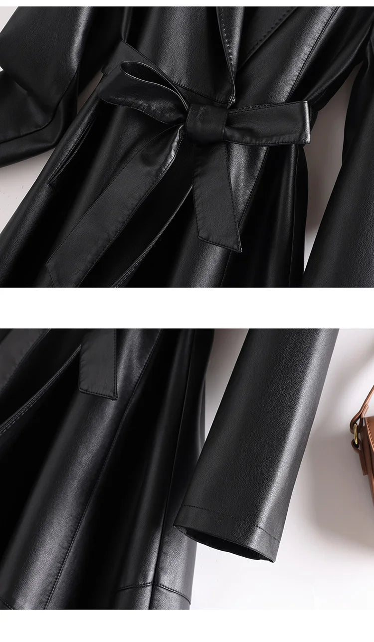 New Elegant Women’s Split Leather Trench Coat | Slim Waist Belted Long Coat with Suit Collar | Spring & Autumn Fashion Casual Outerwear