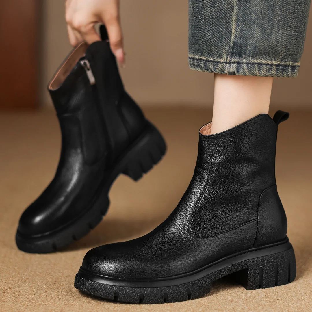 Women’s Genuine Sheepskin Ankle Boots with Side Zip – Round Toe, Soft Comfort, Thick Sole Casual Boots for Autumn