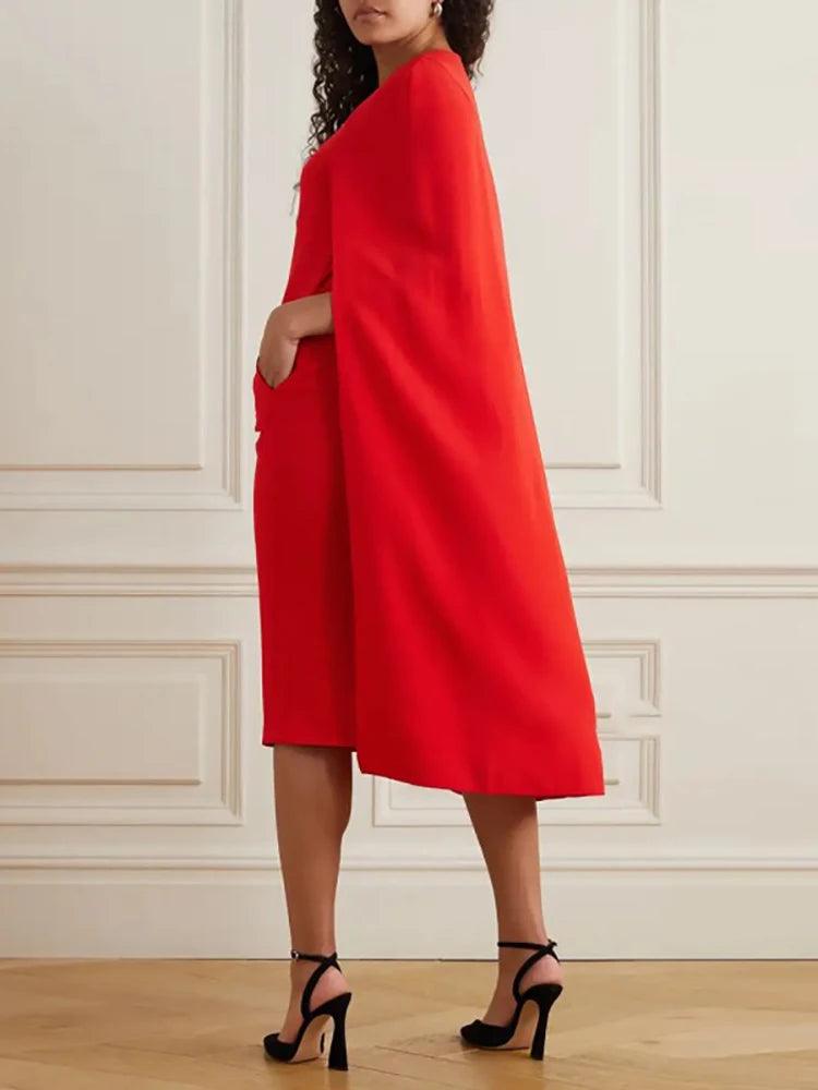 Chic Red O-Neck Evening Dress with Cape Sleeves – Perfect for Christmas Parties and Festive Celebrations