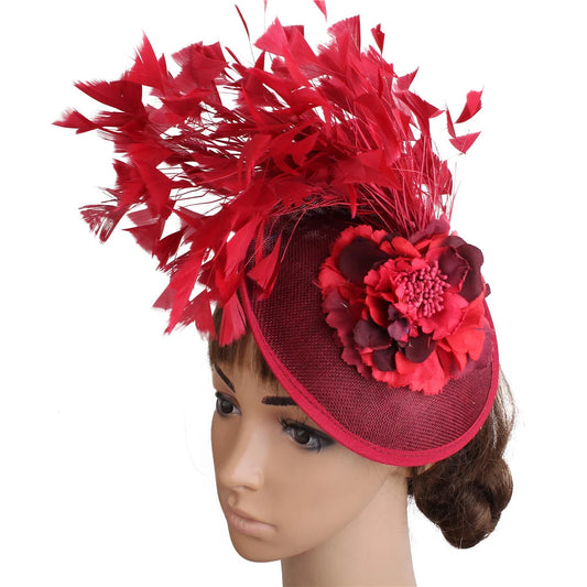 Red Feather Fascinator Chapeau for Women – Elegant Flower Headwear with Clip and Headband for Wedding, Derby & Tea Party - HER SHOP